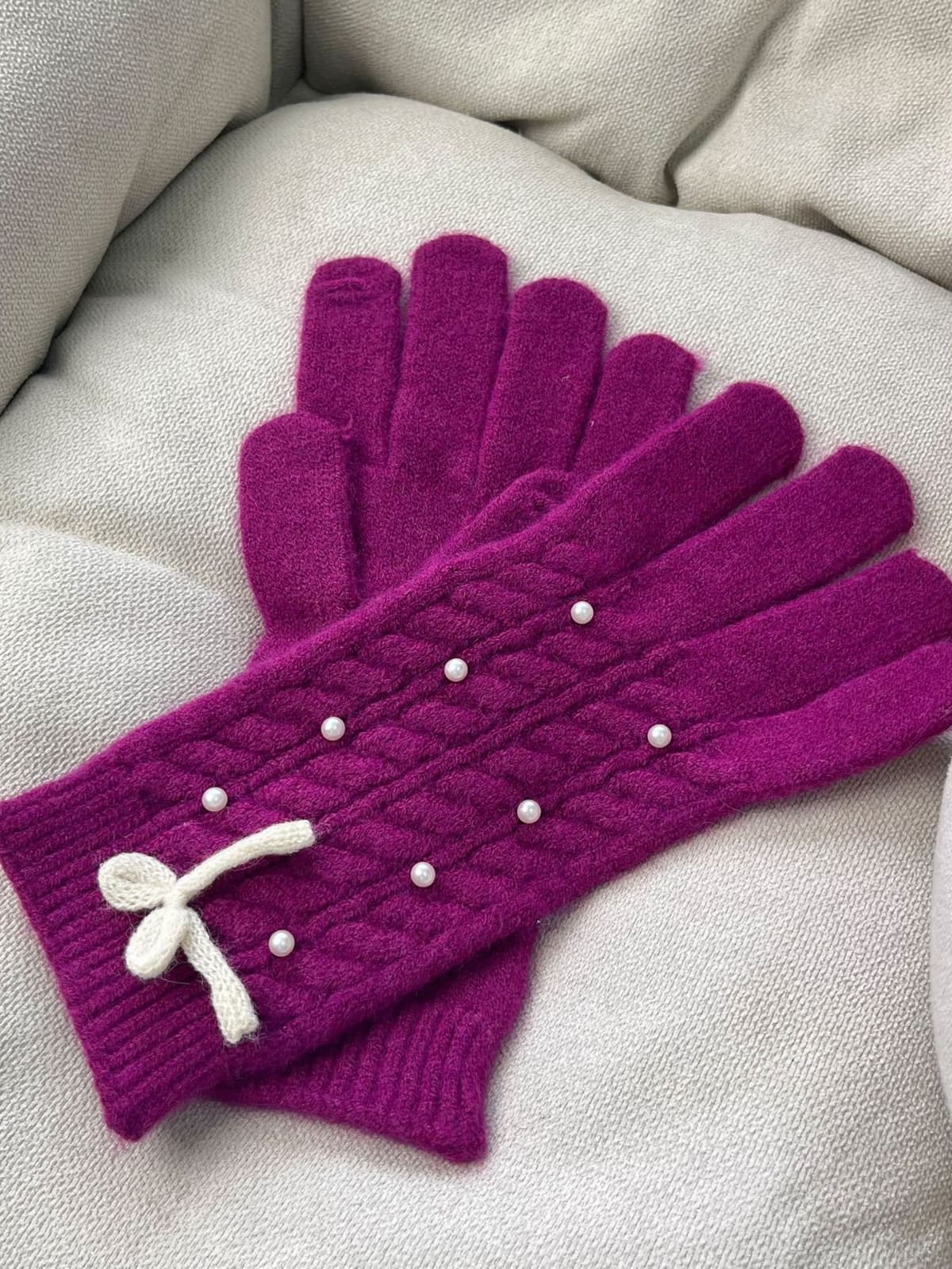 Thermal Pearl Detail Bow Five-Finger Gloves 