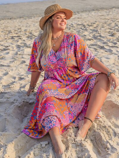 Plus Size Printed V-Neck Half Sleeve Maxi Dress Dresses