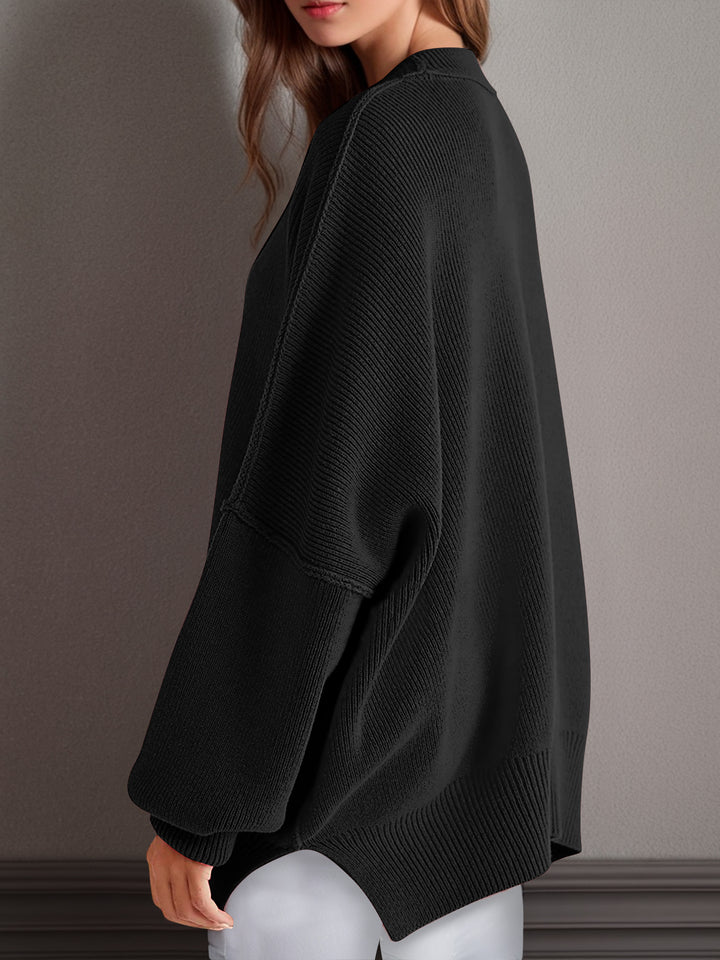 Double Take Side Slit Round Neck Long Sleeve Sweater 