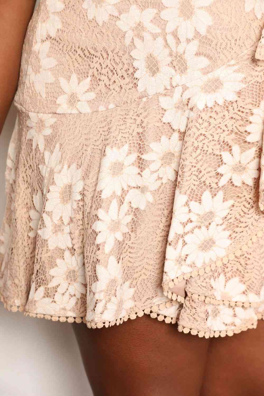 Double Take Floral Lace Pompom Detail Tie-Waist Flutter Sleeve Dress 