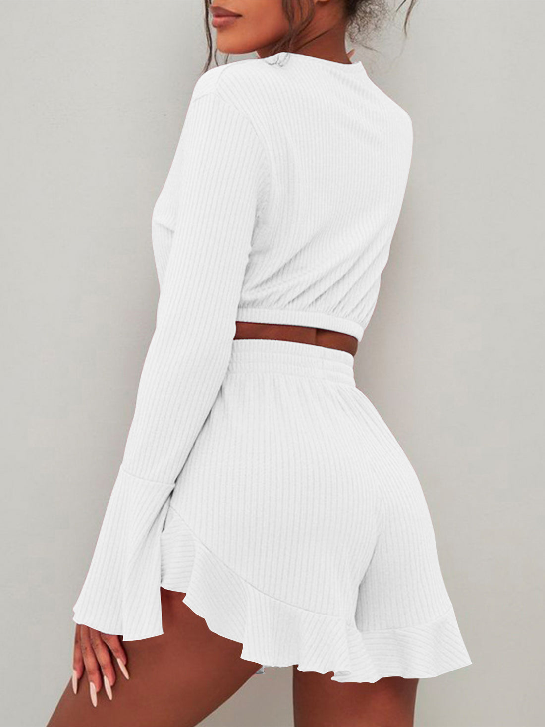 Round Neck Long Sleeve Top and Ruffled Shorts Set 