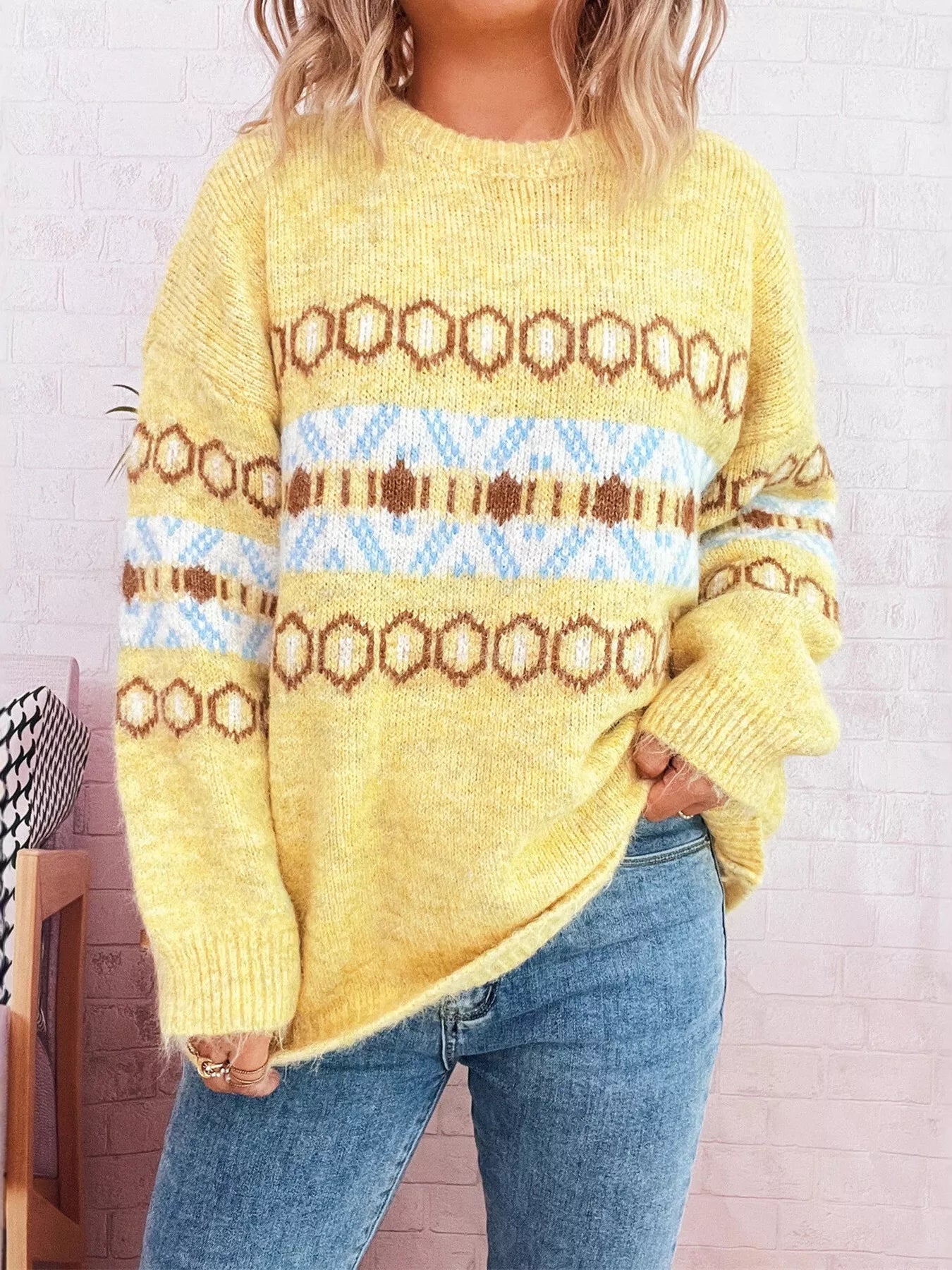 Contrast Round Neck Drop Shoulder Sweater 