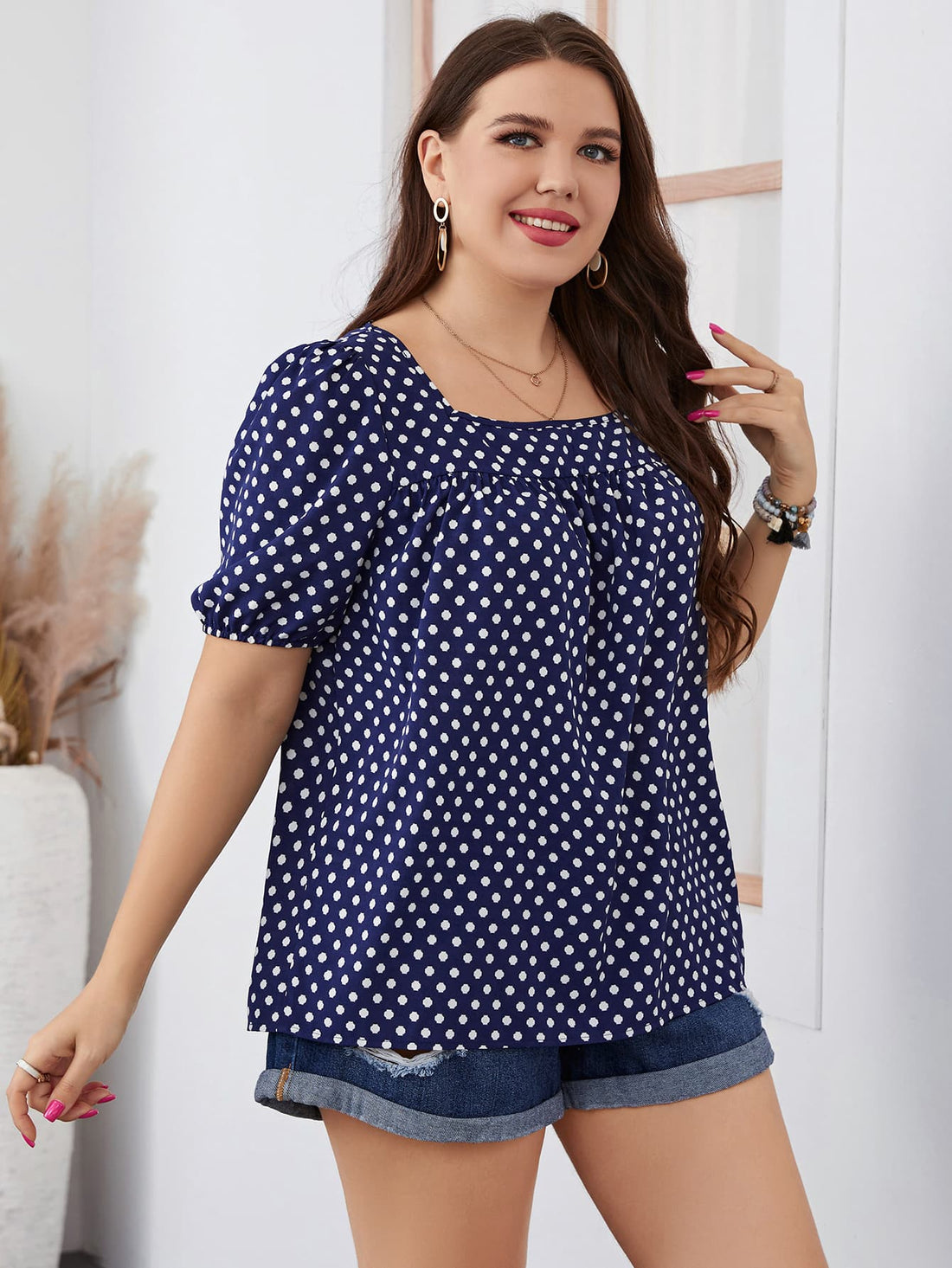 Honey Plus Size Polka Dot Square Neck Blouse 