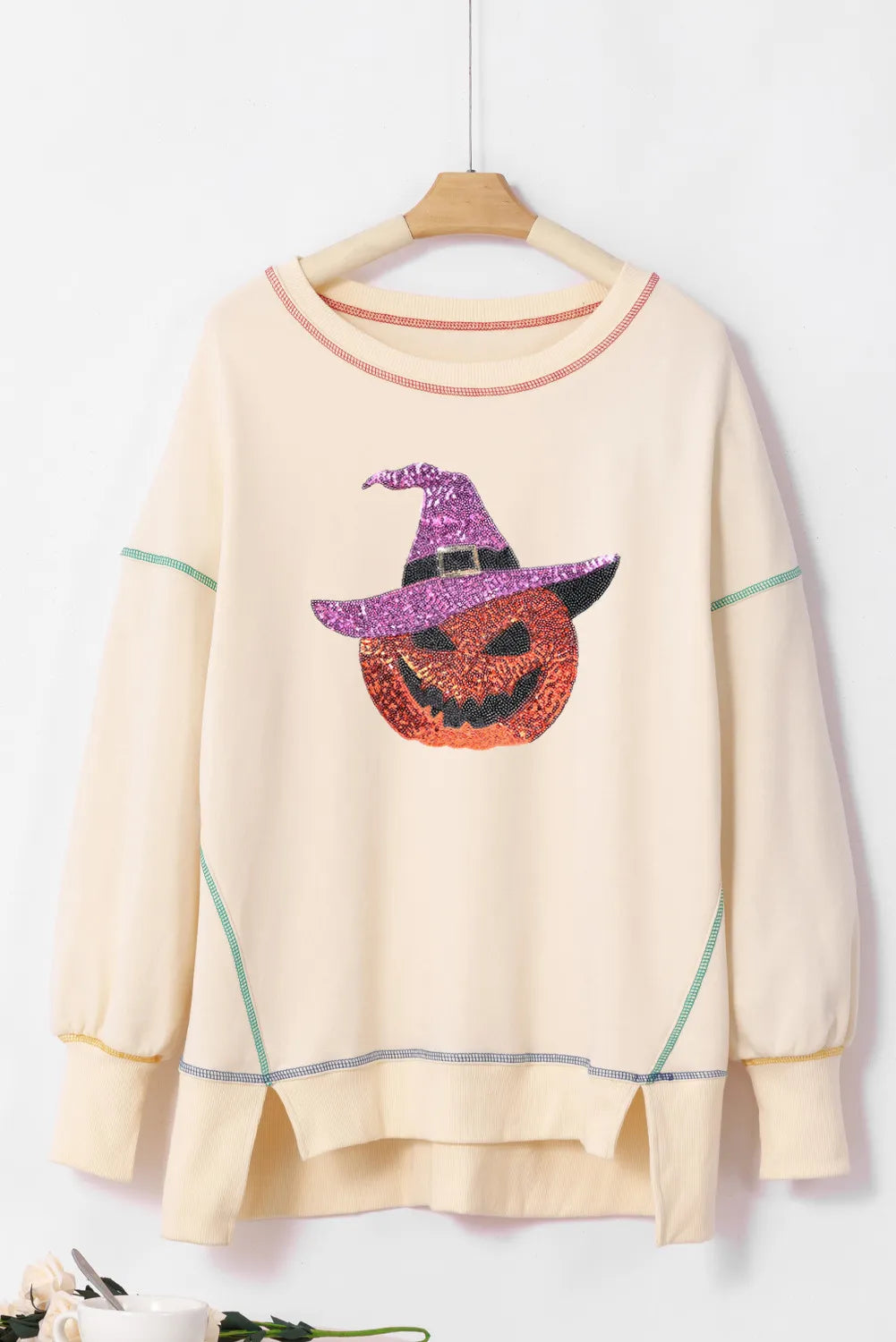 Contrast Stitching Sequin Pumpkin Round Neck Long Sleeve Sweatshirt 