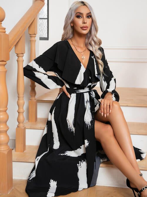 Printed Tie Front Ruffle Trim Long Sleeve Dress Dresses