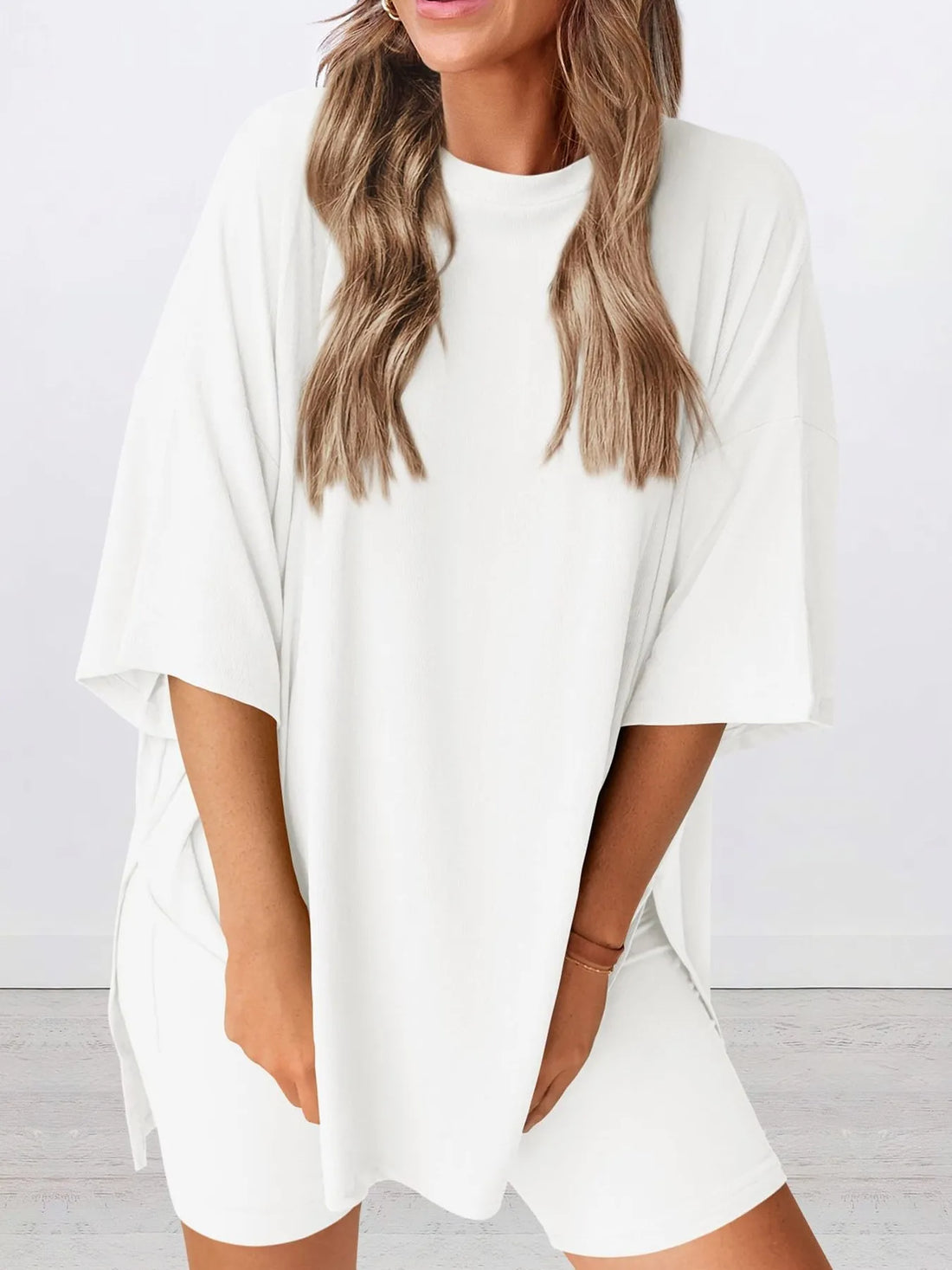Full Size Oversized Slit Round Neck Top and Shorts Lounge Set Plus Size Lingerie & Nightwear