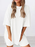 Full Size Oversized Slit Round Neck Top and Shorts Lounge Set Plus Size Lingerie & Nightwear
