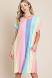 BOMBOM Striped Short Sleeve Dress with Pockets 