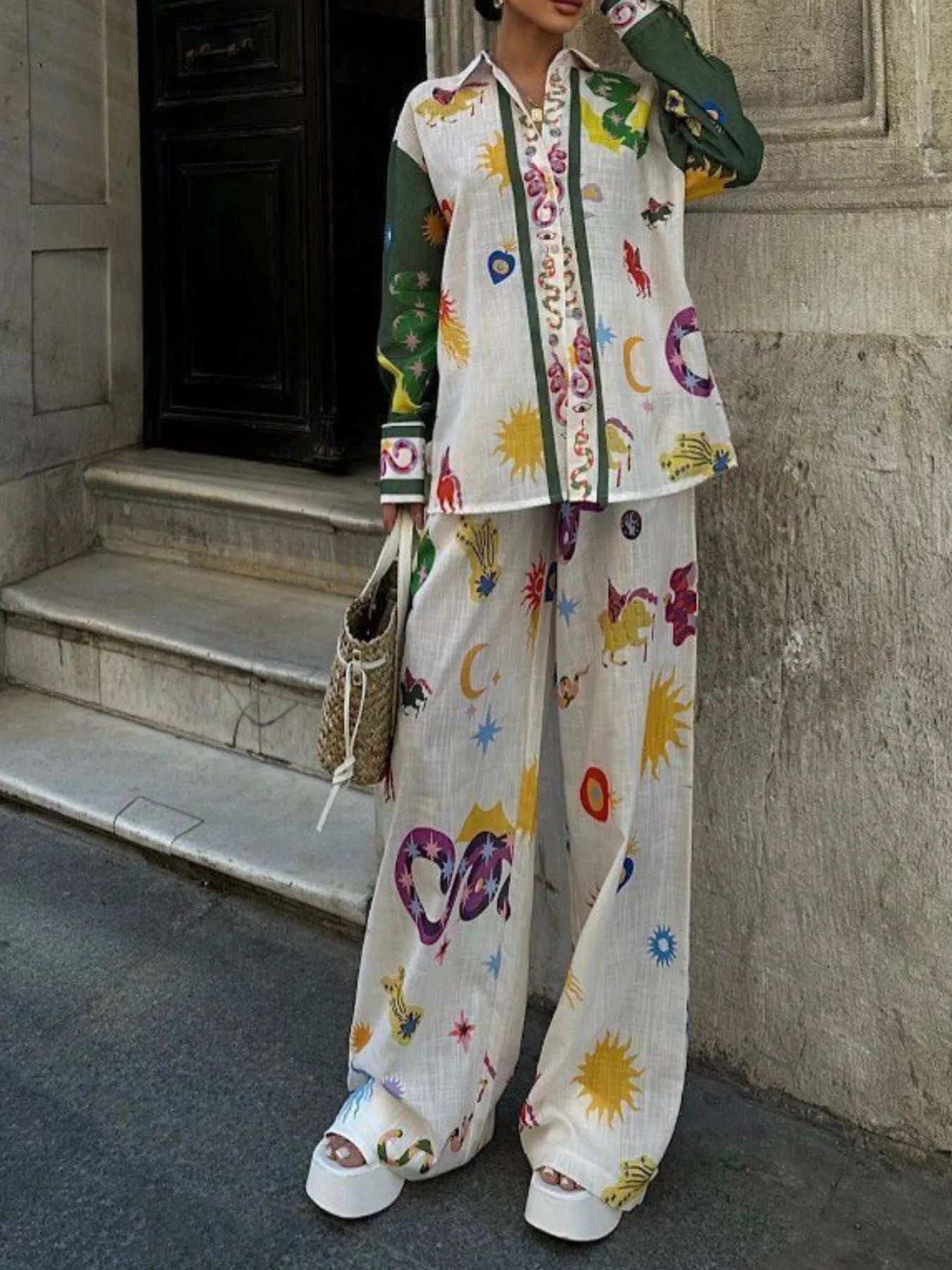 Printed Button Down Shirt and Pants Set Two Piece Dresses