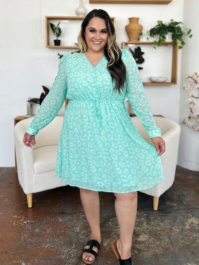 Double Take Full Size Printed Ruched V-Neck Long Sleeve Dress 