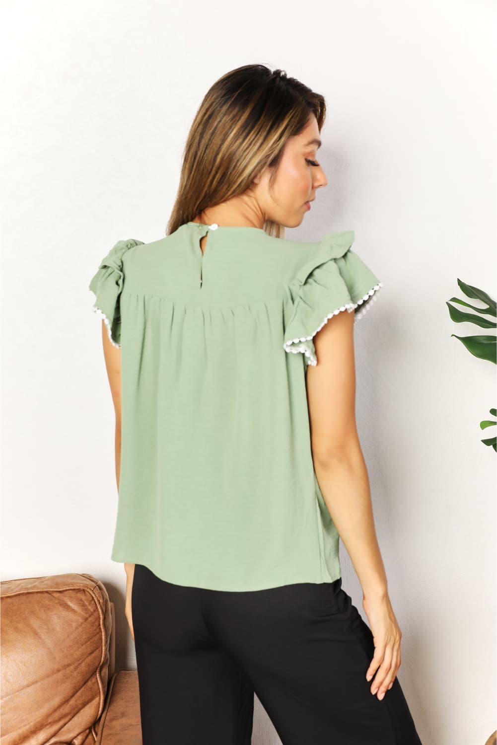 Perfee Pleated Detail Flutter Sleeve Blouse 