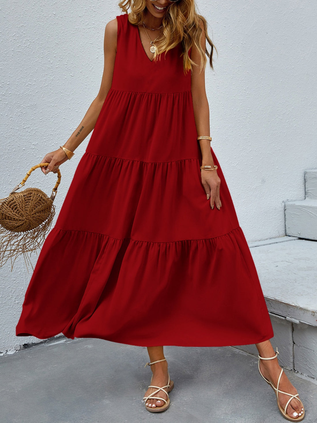 FAM-FAM Tiered V-Neck Sleeveless Dress 