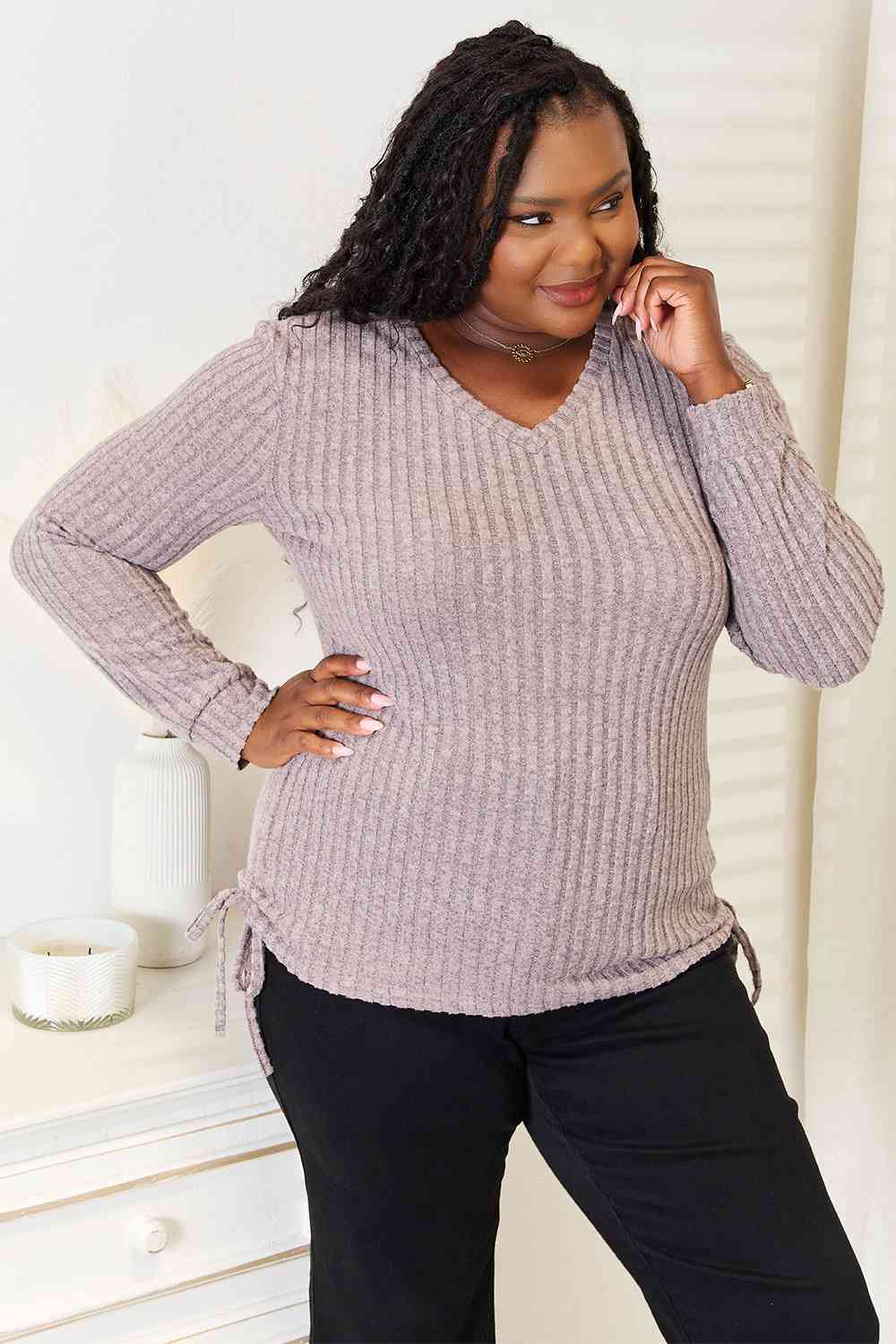 Double Take Drawstring Ribbed Long Sleeve T-Shirt 