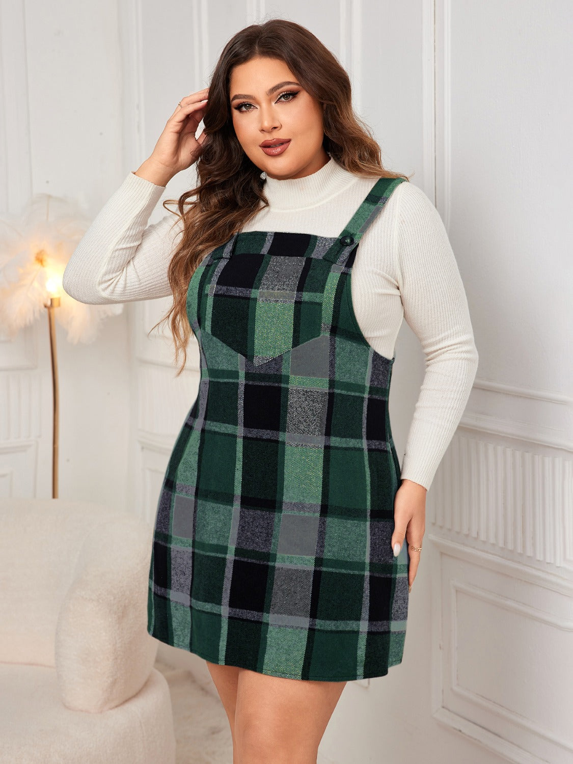 Honey Plus Size Plaid Wide Strap Overall Dress 