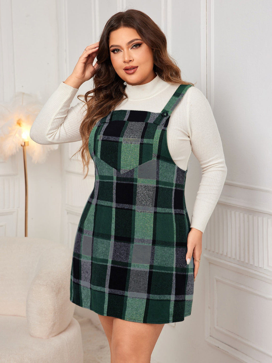 Honey Plus Size Plaid Wide Strap Overall Dress 