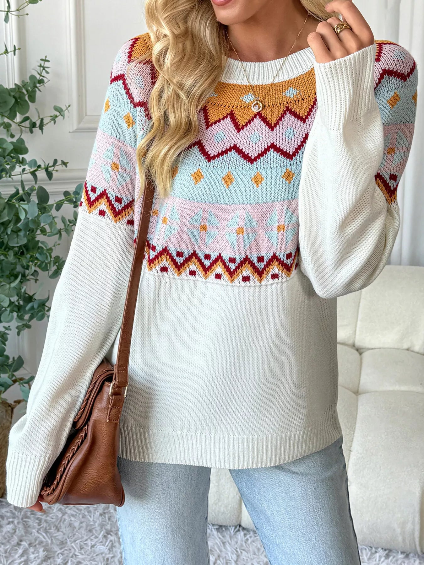 Contrast Round Neck Long Sleeve Sweater 