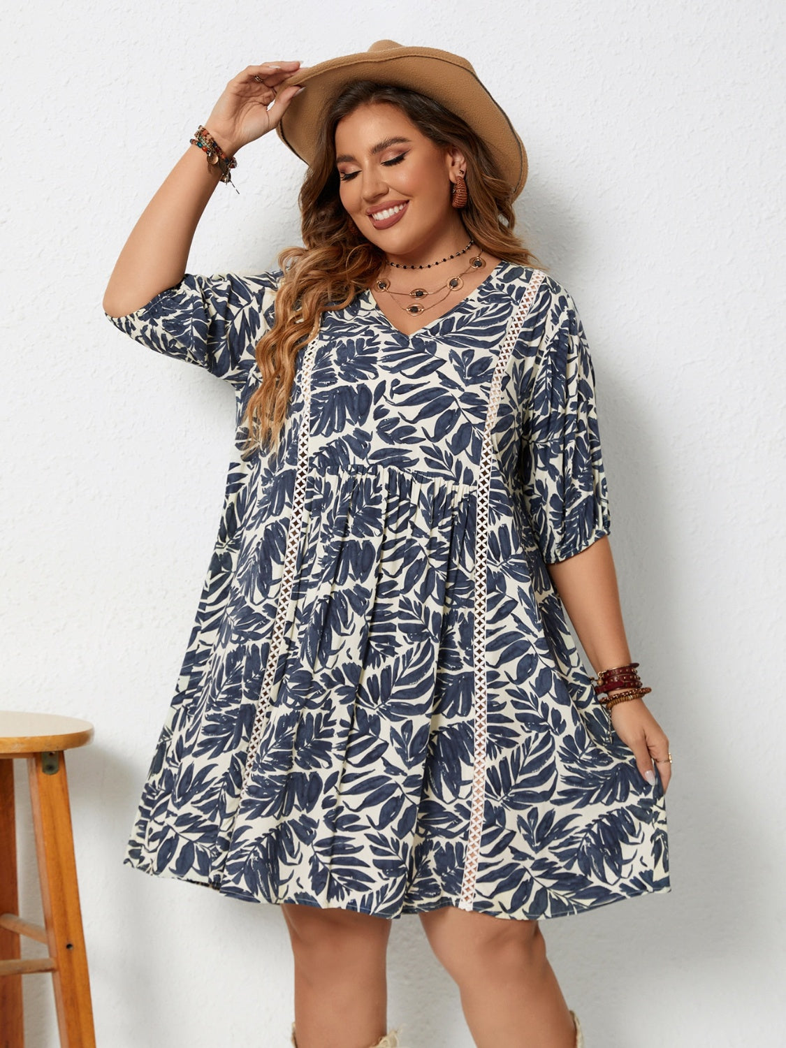 Plus Size Printed V-Neck Half Sleeve Mini Dress 