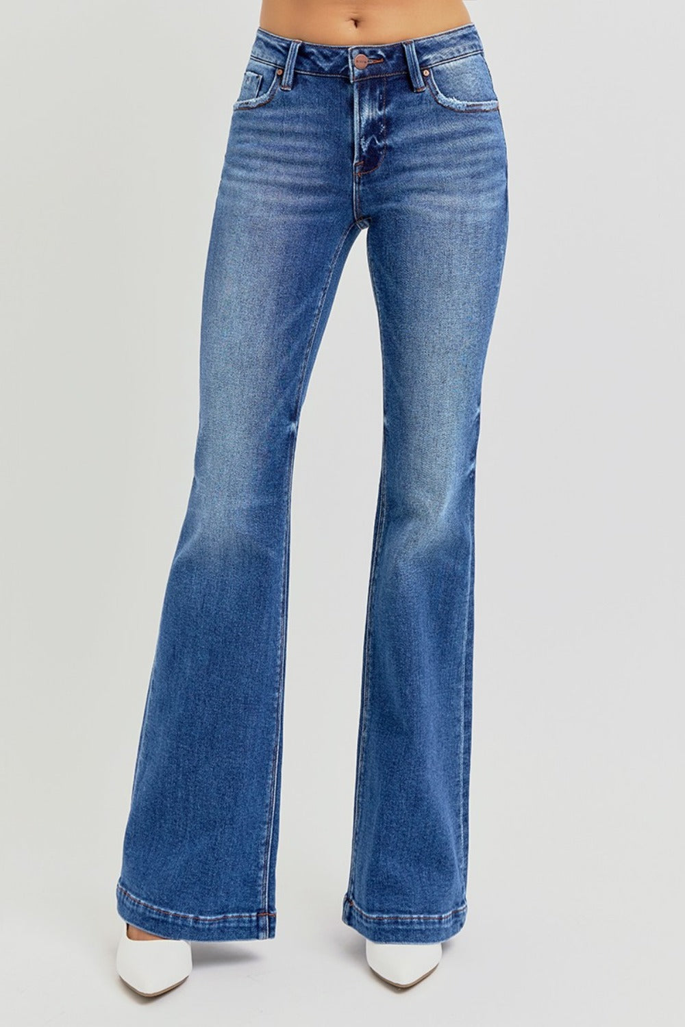 RISEN Full Size Low Rise Flare Jeans with Pockets 