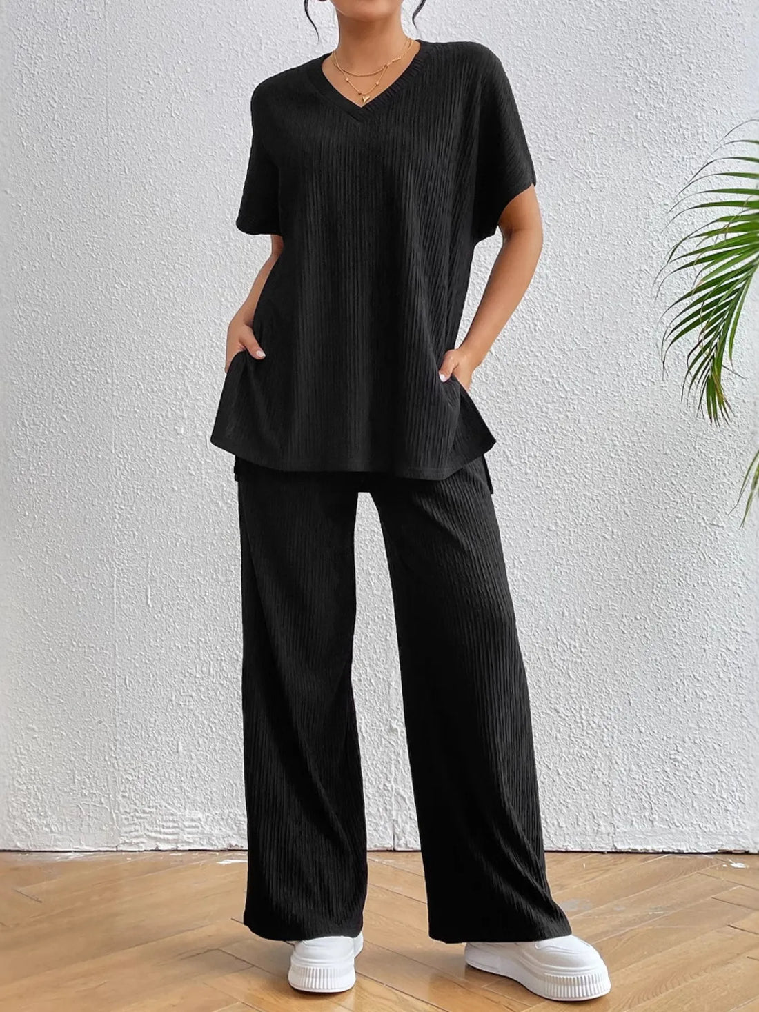 V-Neck Short Sleeve Top and Pants Set Two Piece Dresses