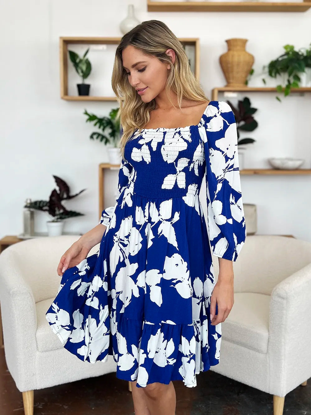Double Take Full Size Floral Ruffle Hem Smocked Dress with Pockets 