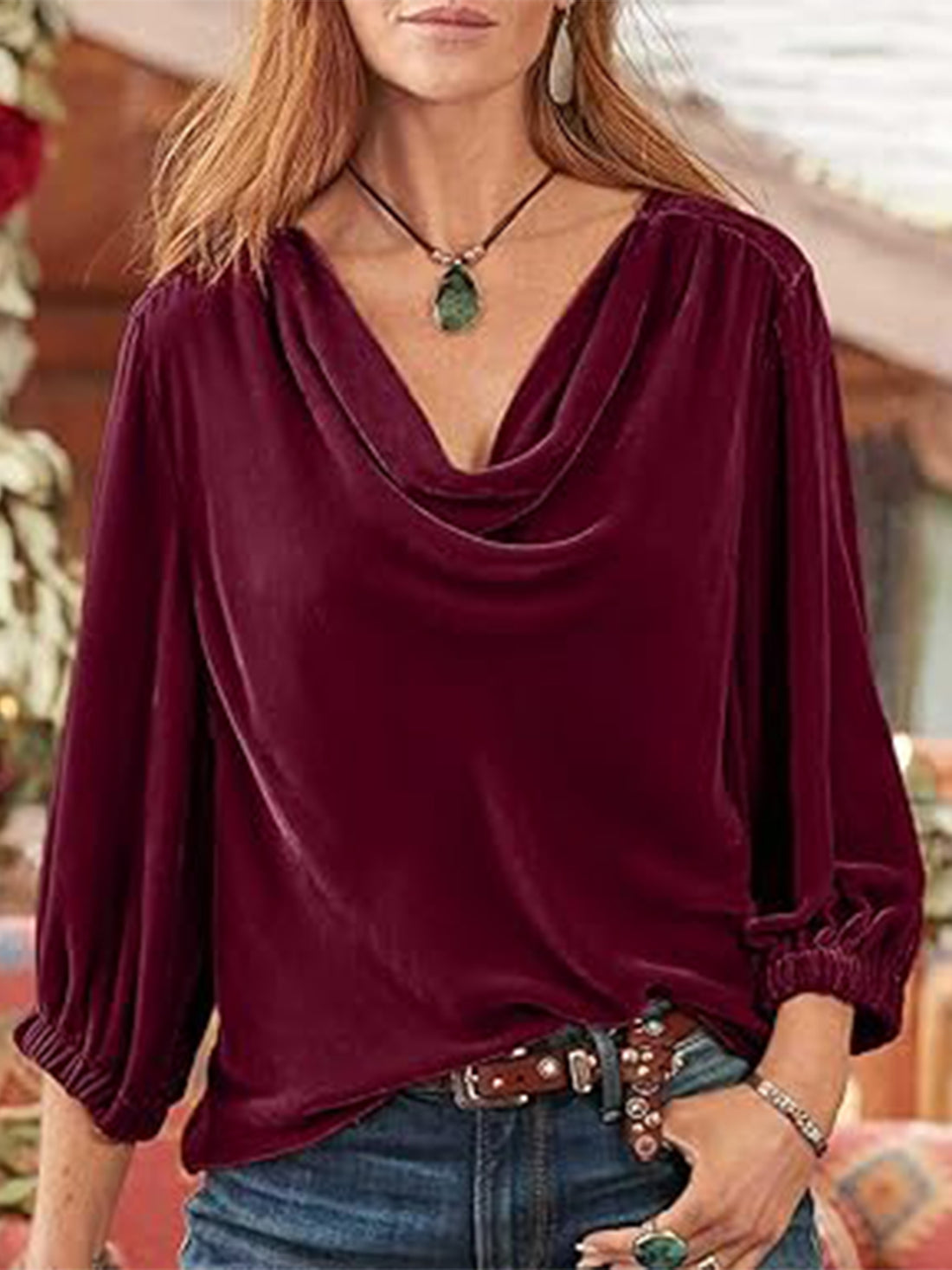 Cowl Neck Three-Quarter Sleeve Top 