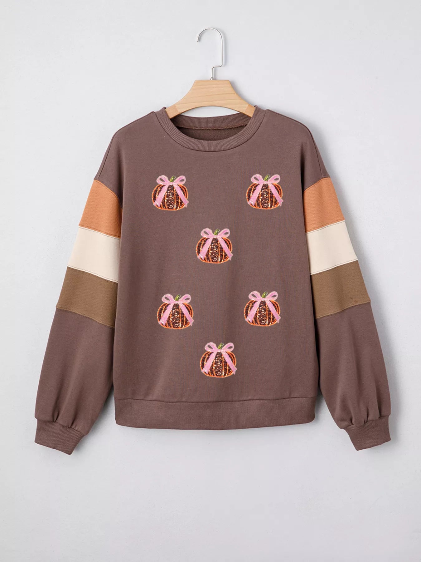 Sequin Bow Pumpkin Round Neck Sweatshirt 