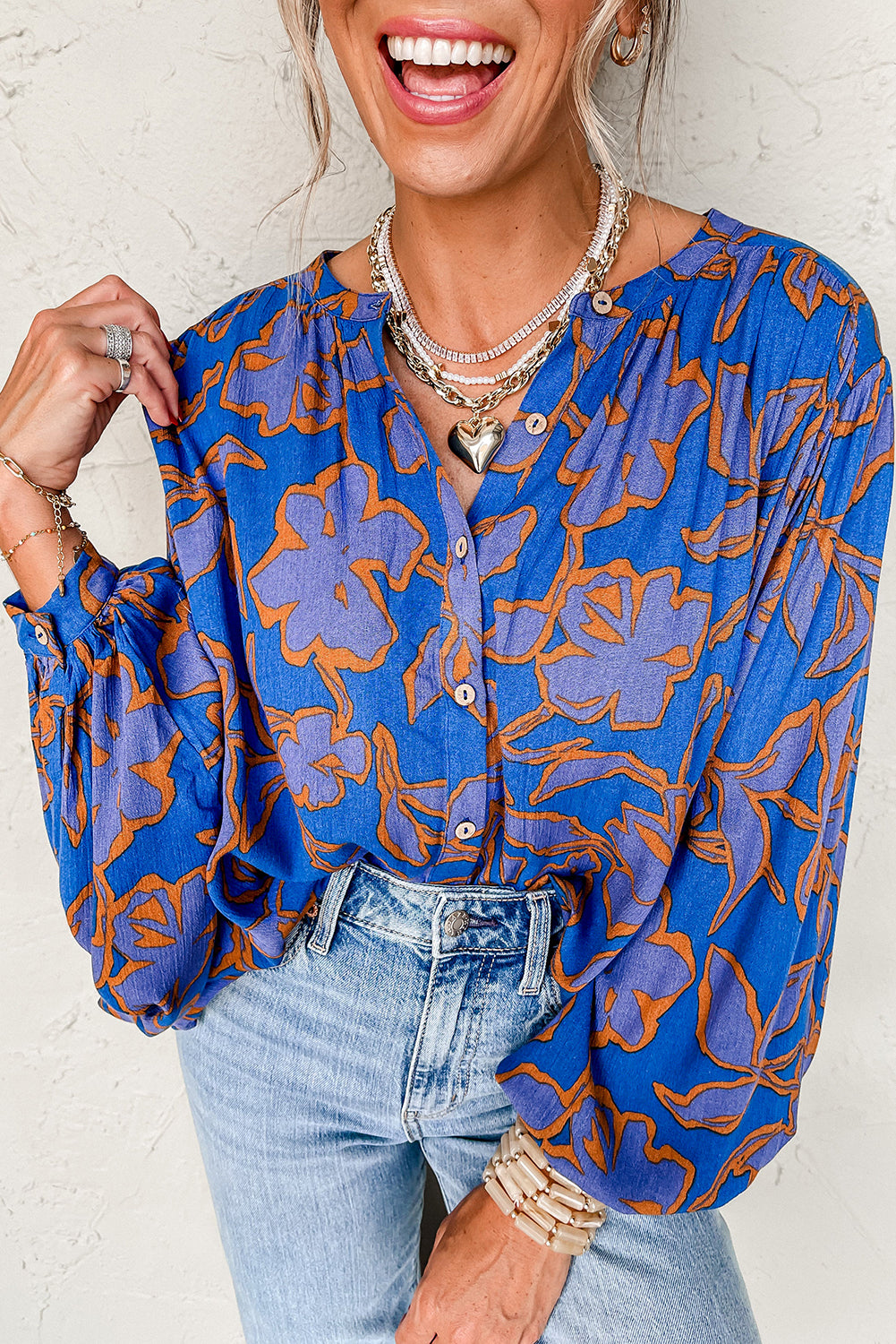Blue Floral Print Batwing Sleeve Buttoned Loose Fit Shirt Tops/Blouses & Shirts
