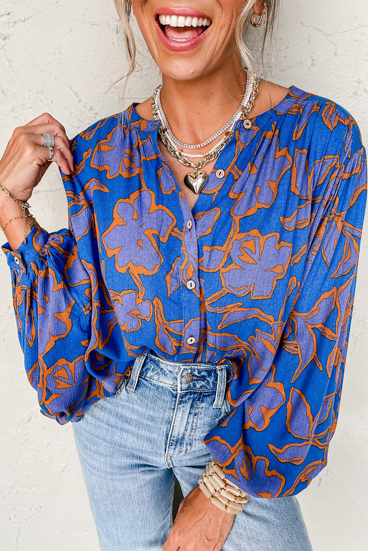 Blue Floral Print Batwing Sleeve Buttoned Loose Fit Shirt Tops/Blouses & Shirts
