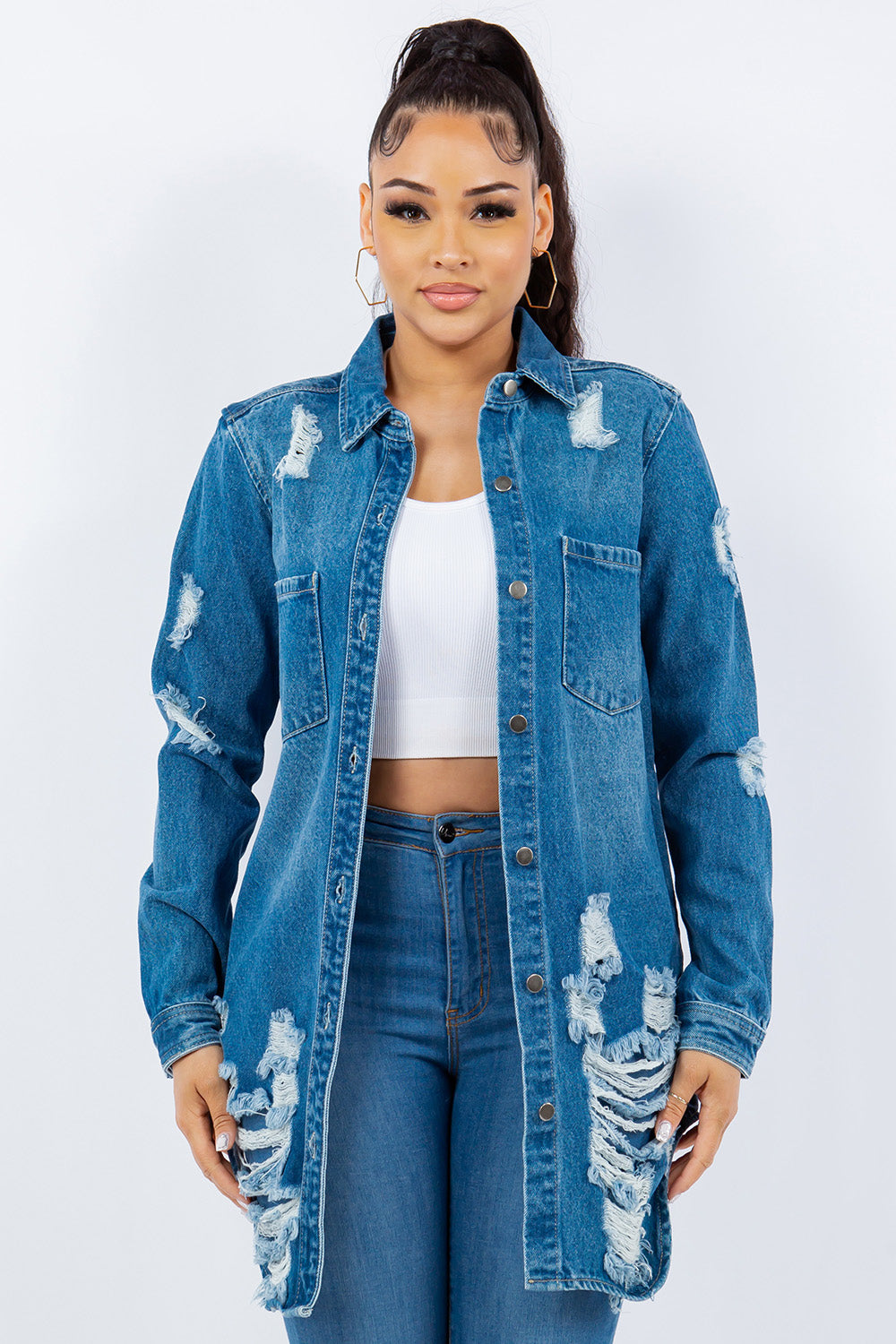 American Bazi Distressed Button Up Long Sleeve Denim Jacket 