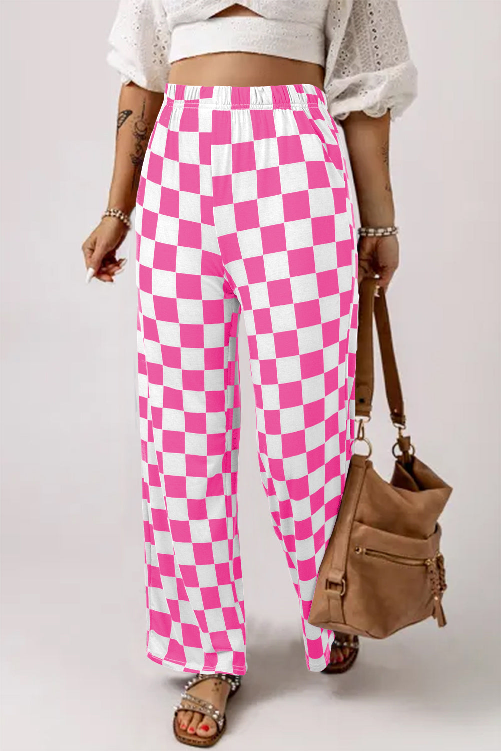 Black 2-Tone Checked Print High Waist Wide Leg Pants Bottoms/Pants & Culotte