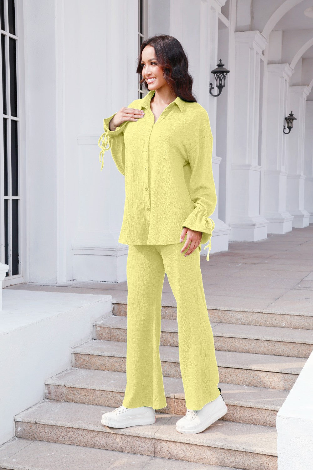 Drawstring Flounce Sleeve Shirt and Pants Set 