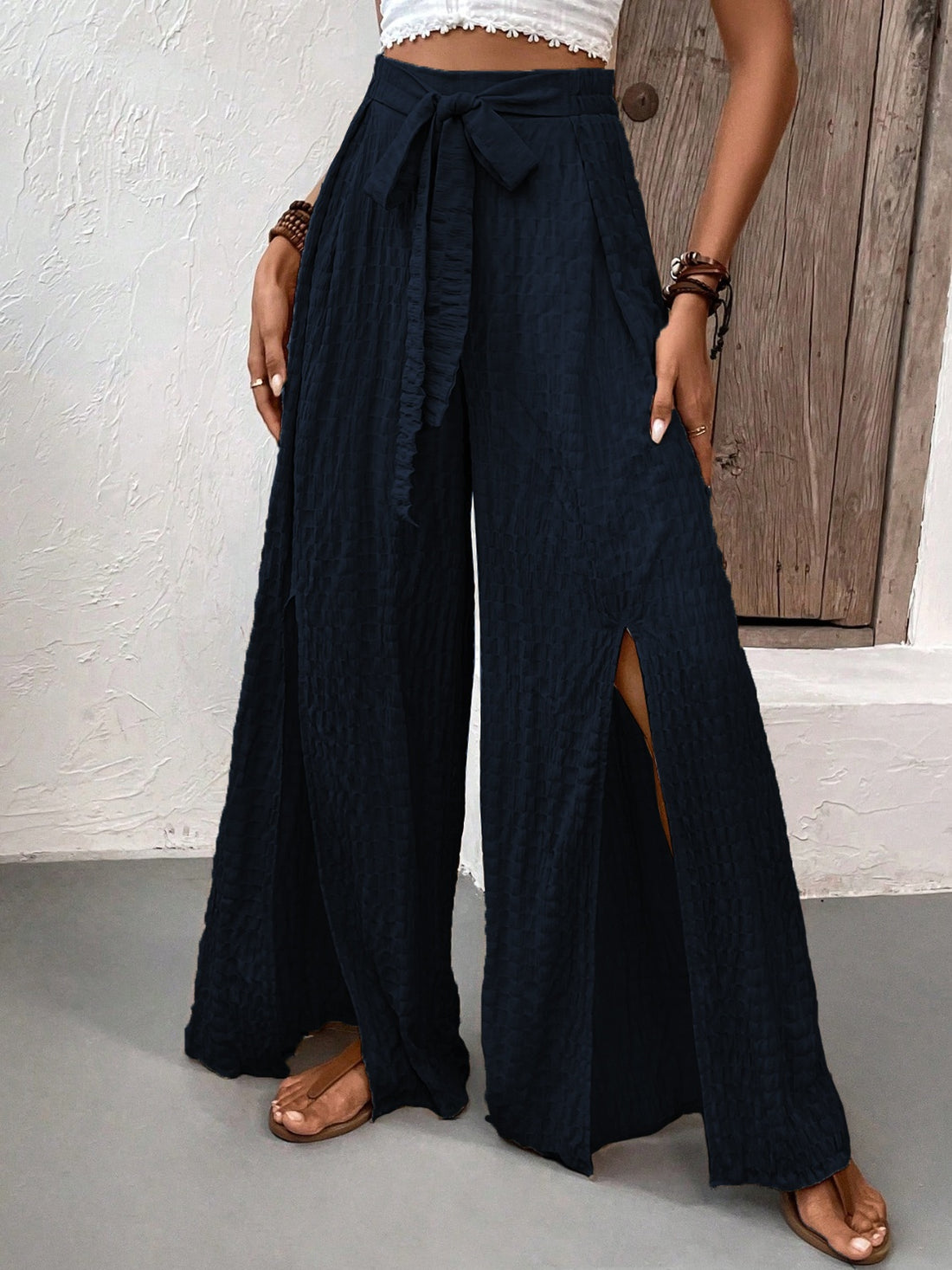 Honey Tied Slit Wide Leg Pants 