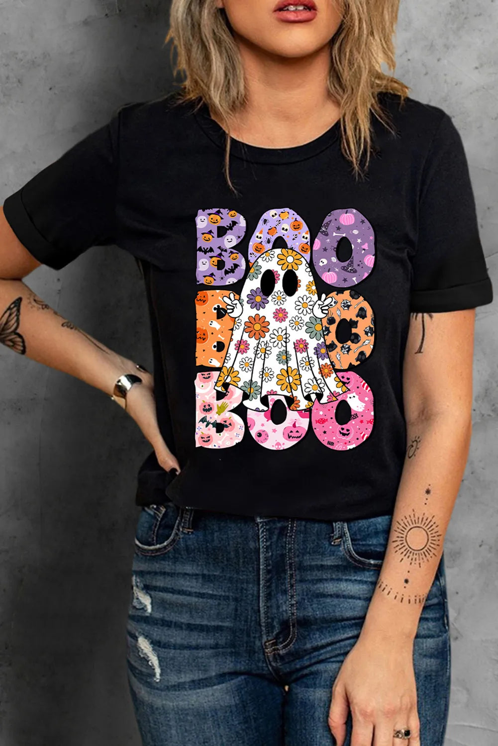 BOO Ghost Graphic Round Neck Short Sleeve T-Shirt 