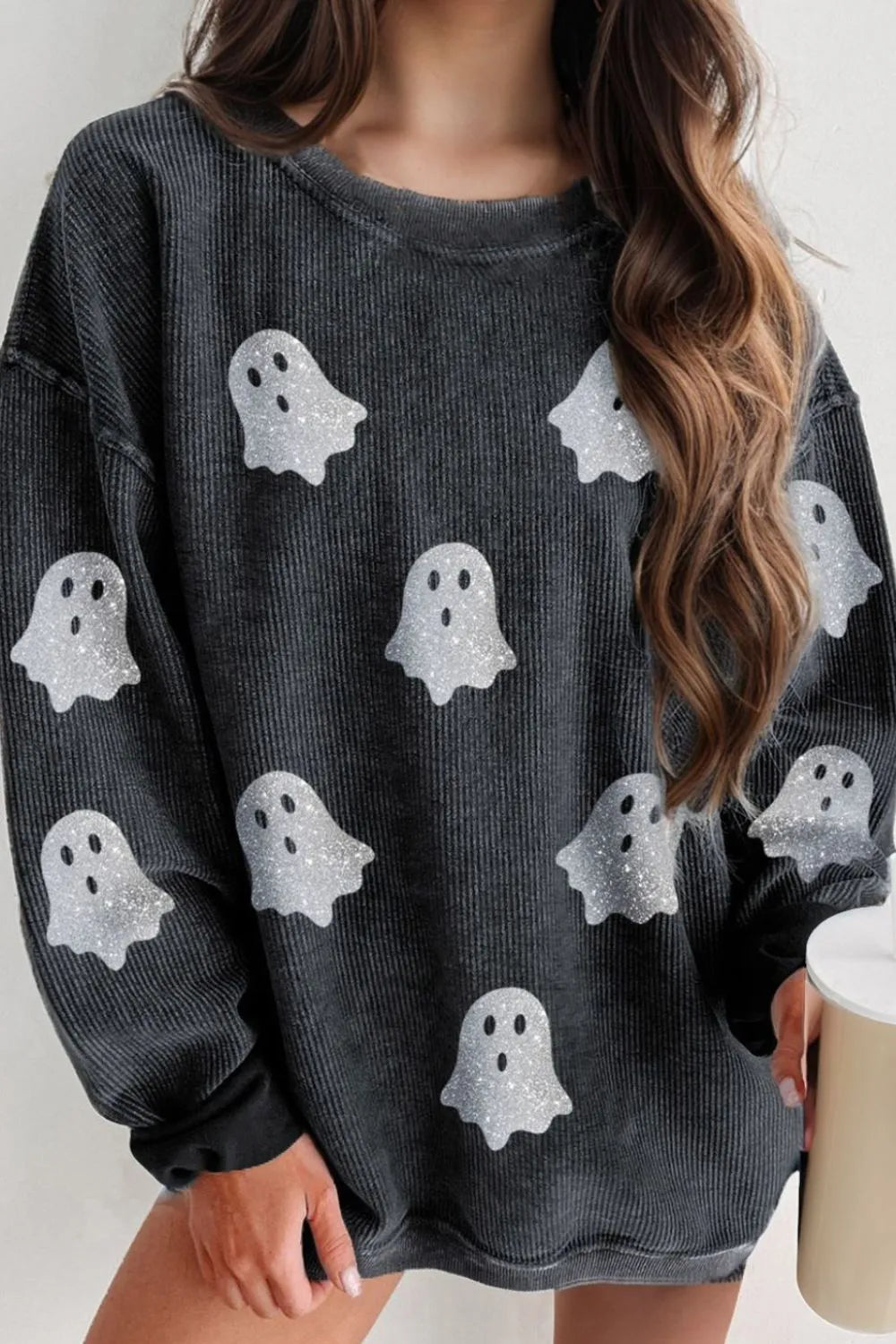 Glitter Ghost Round Neck Long Sleeve Sweatshirt 