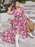 Plus Size Slit Printed V-Neck Maxi Dress 