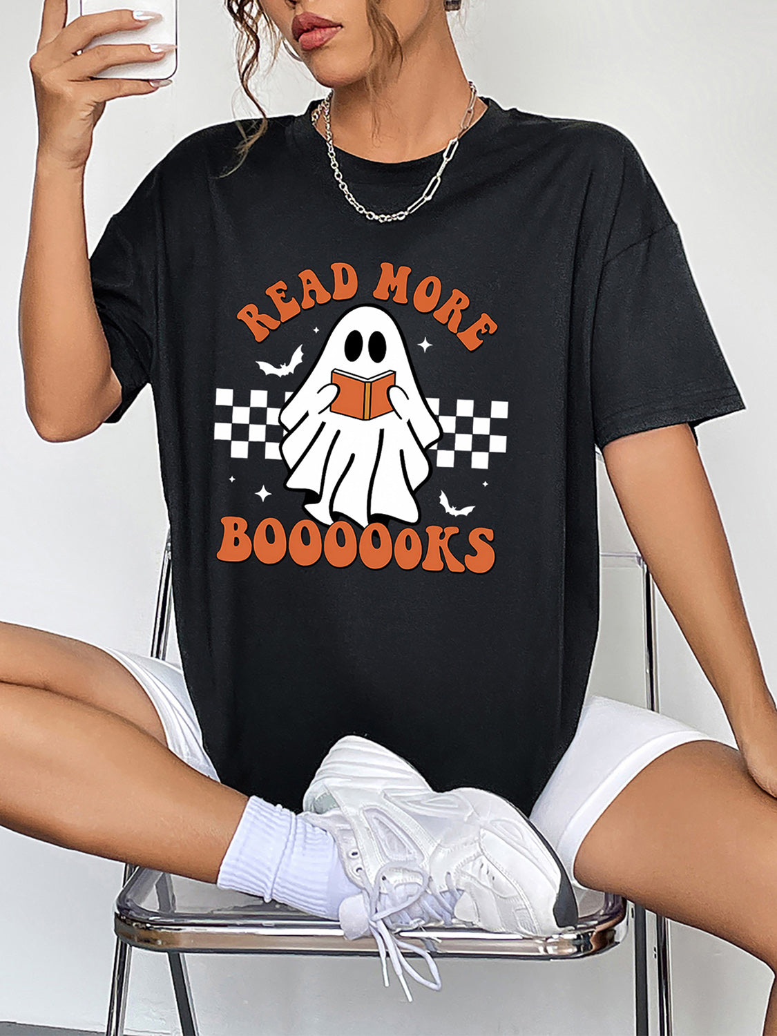 Round Neck Short Sleeve Ghost Graphic T-Shirt 