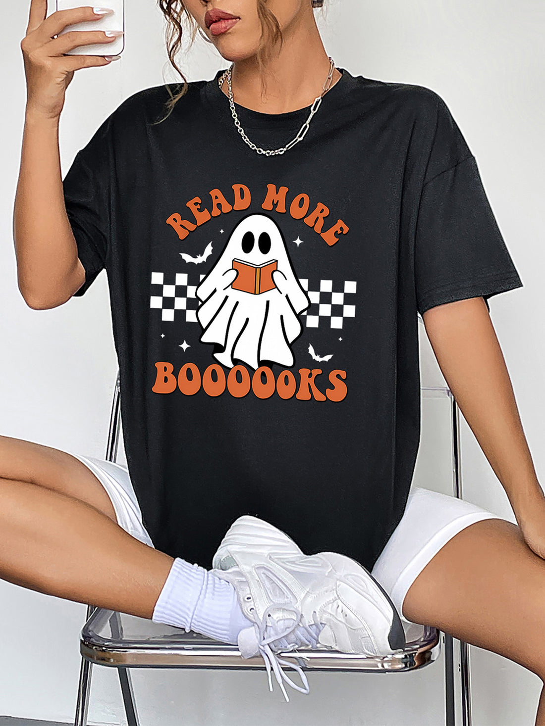 Round Neck Short Sleeve Ghost Graphic T-Shirt 