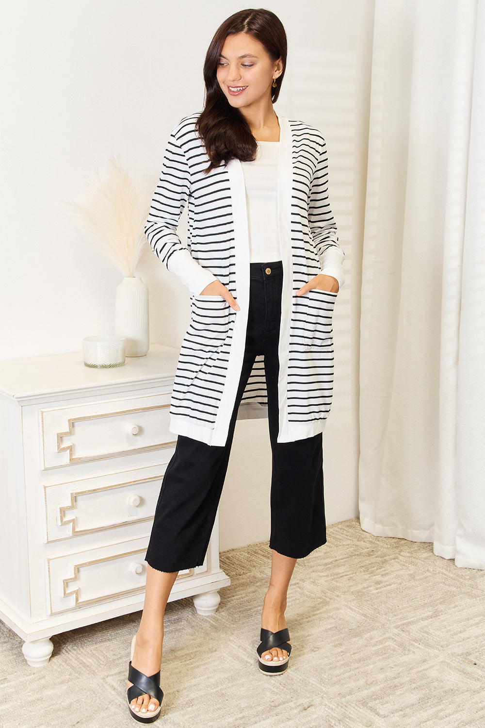 Double Take Striped Open Front Longline Cardigan 