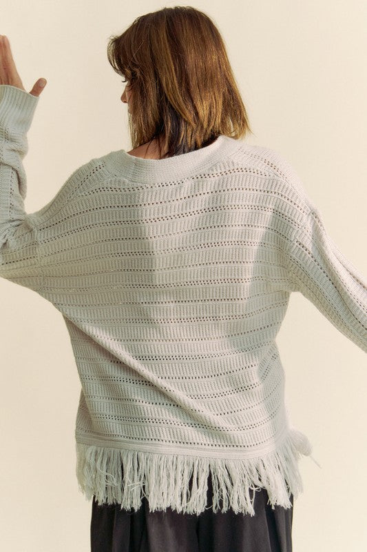 Davi & Dani Fringe V-Neck Button Up Long Sleeve Cardigan 