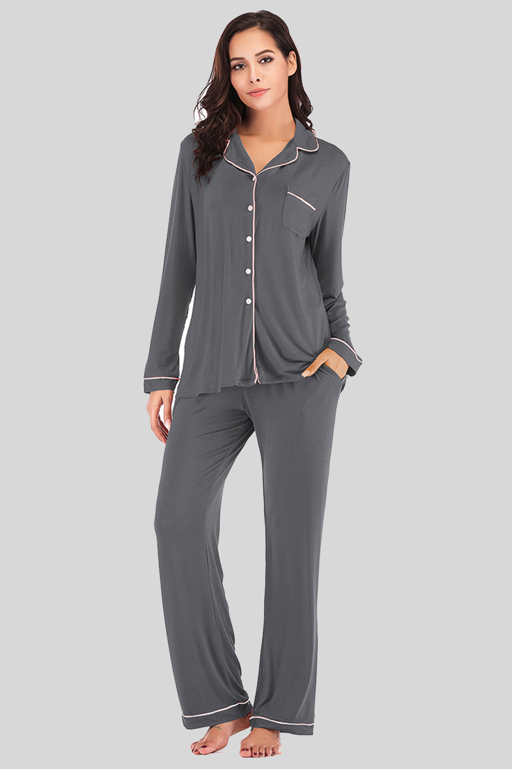 Collared Neck Long Sleeve Loungewear Set with Pockets Lingerie & Nightwear