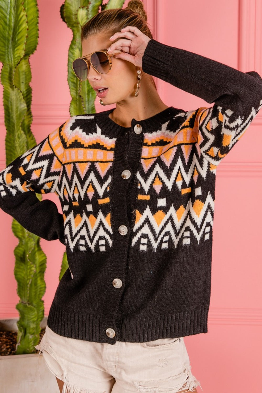 BiBi Ethnic Pattern Button Up Knit Cardigan 