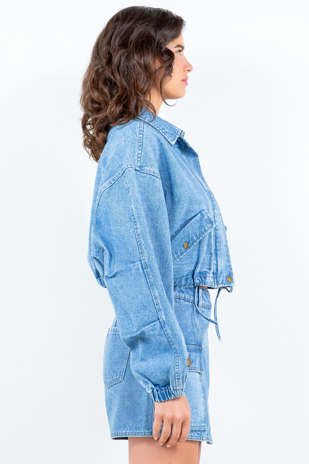 American Bazi Drawstring Waist Crop Denim Jacket 