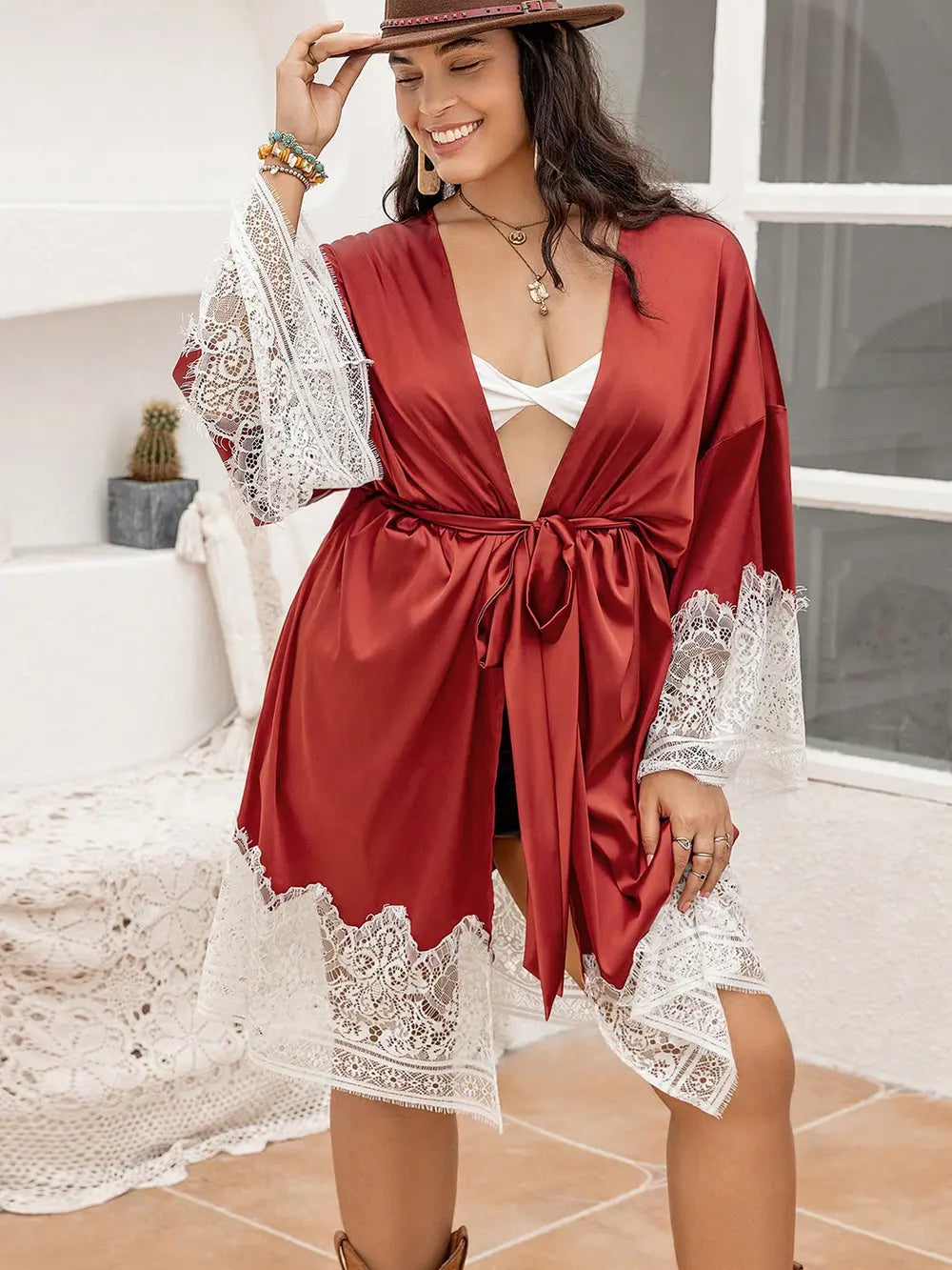Plus Size Lace Patchwork Tie Front Robe Lingerie & Nightwear