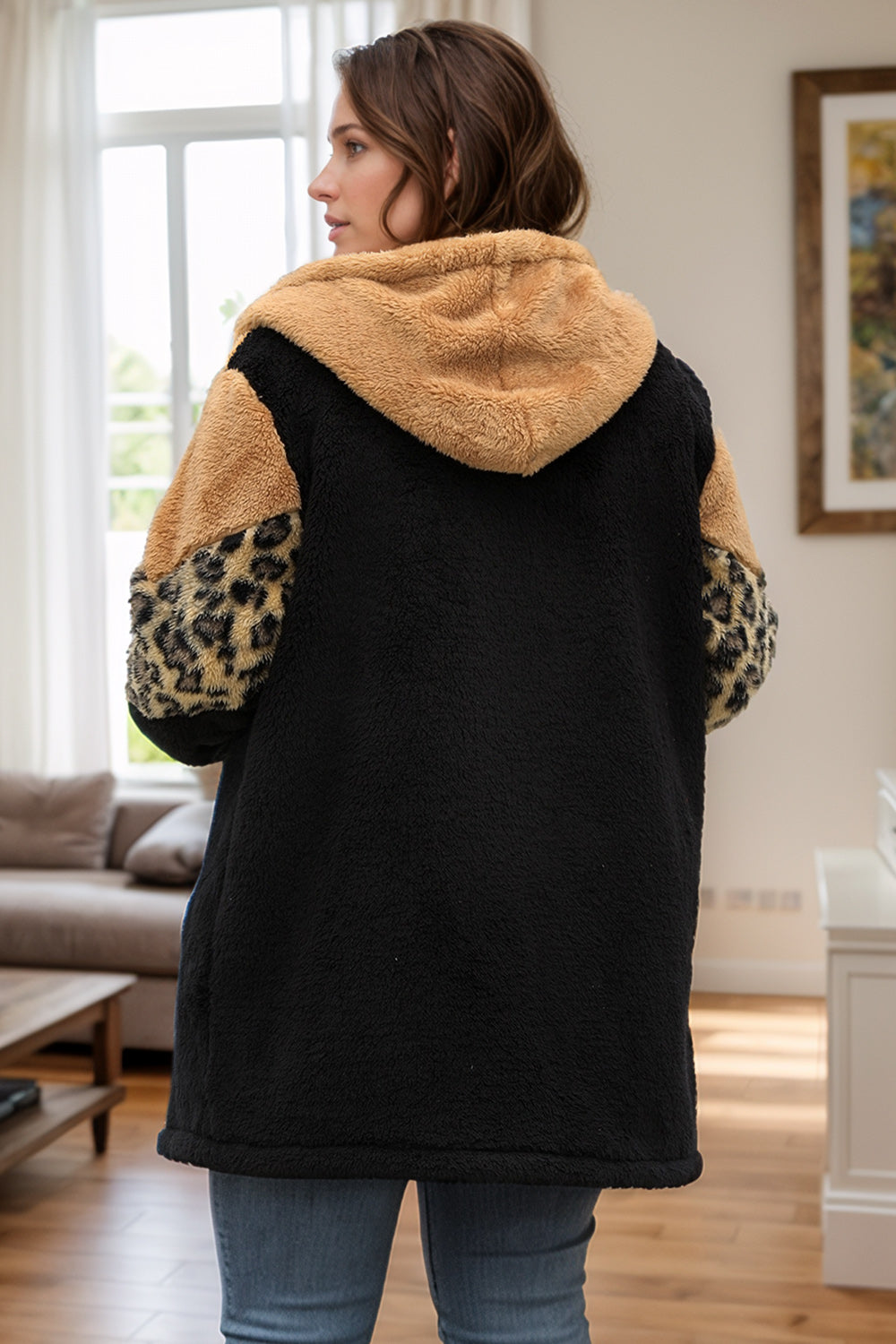 Plus Size Leopard Zip Up Hooded Outerwear 