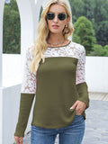 Waffle-Knit Lace Round Neck Long Sleeve T-Shirt 