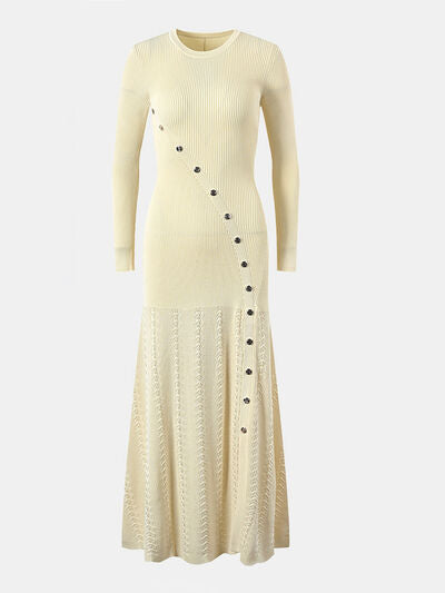 Openwork Round Neck Long Sleeve Sweater Dress Dresses