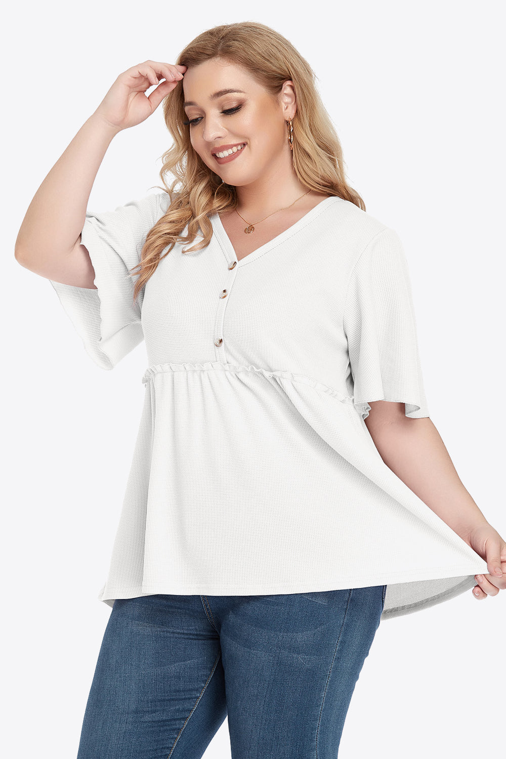 Plus Size Buttoned V-Neck Frill Trim Babydoll Blouse 