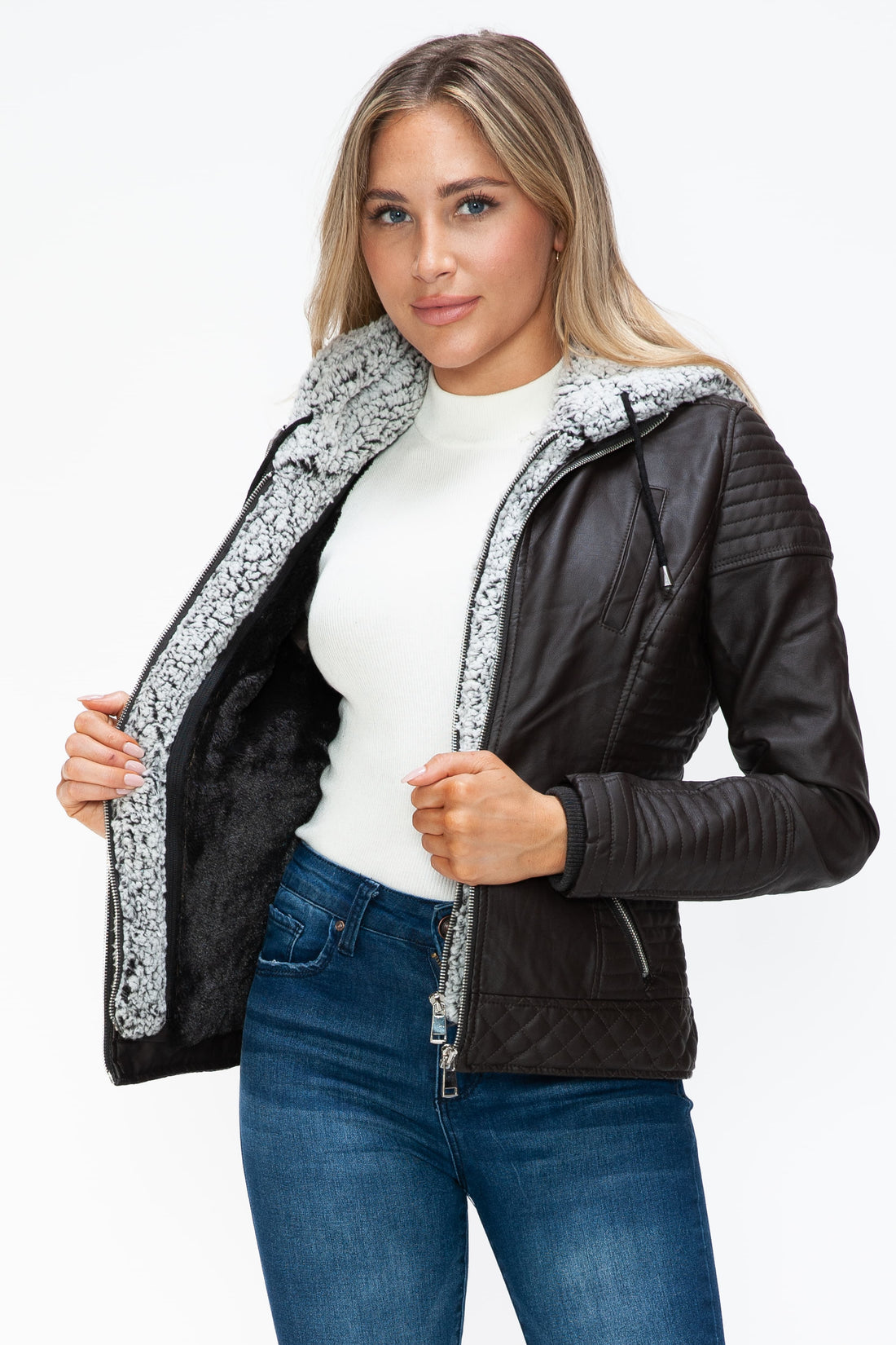 YMI Faux Layered Double-Zipper Jacket with Fuzzy Hood 