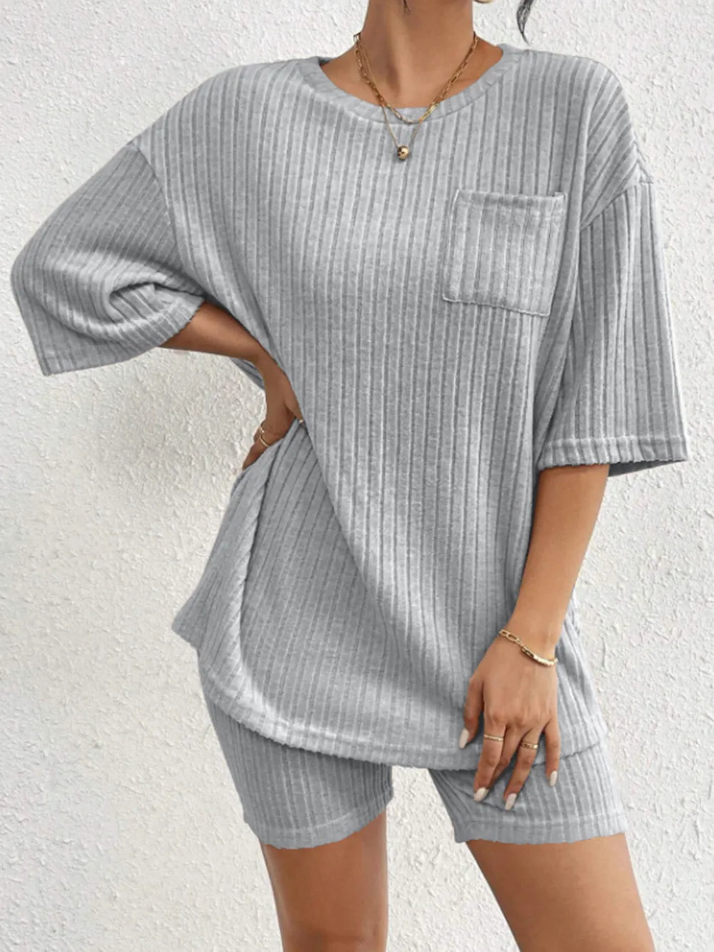 Ribbed Round Neck Top and Shorts Set Two Piece Dresses