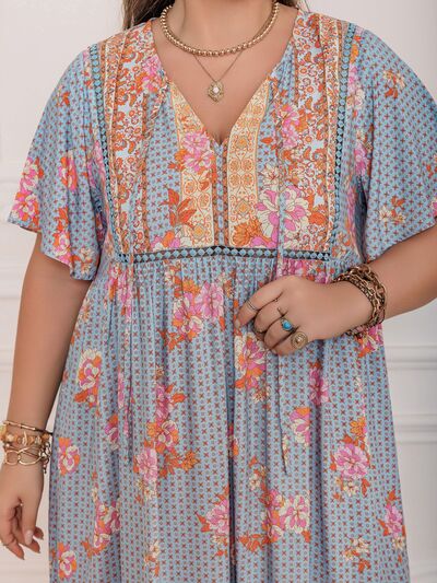 Plus Size Printed Tie Neck Flutter Sleeve Maxi Dress Dresses